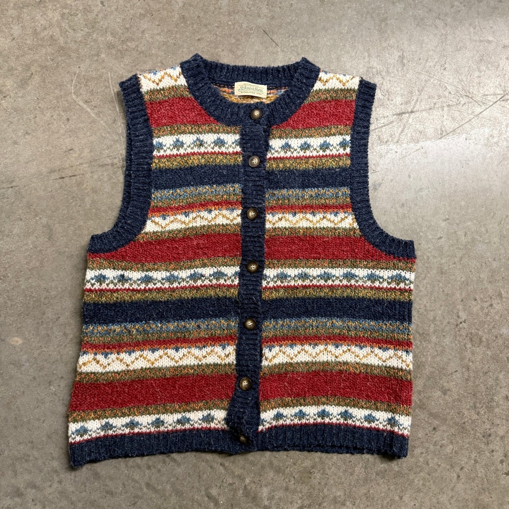 St Johns Bay‎ Fair Isle Button Front Sweater Vest Navy Red Multi Knit Womens L